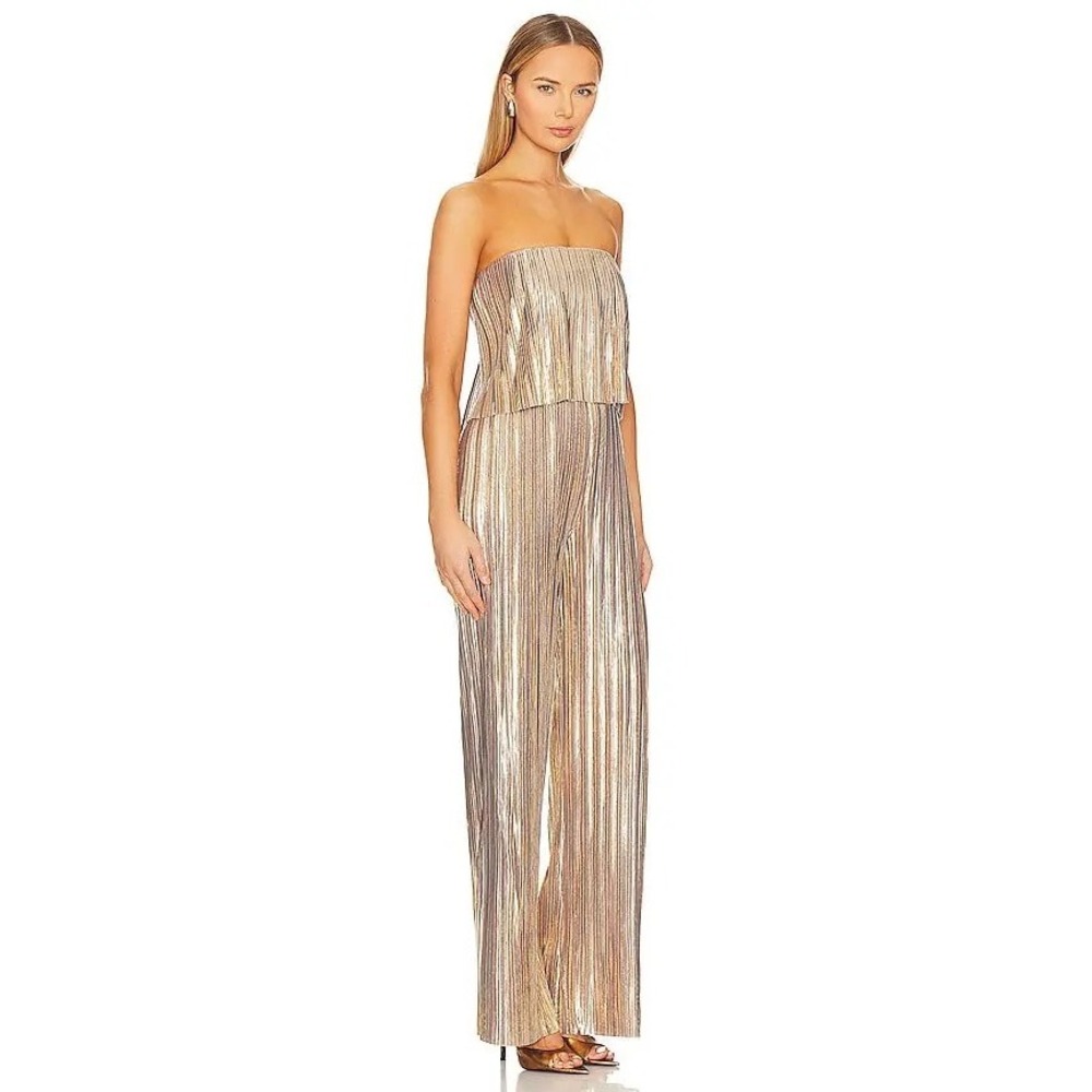 Amanda Uprichard Collina Pleated Strapless Jumpsuit in Pleats Gold Size Small